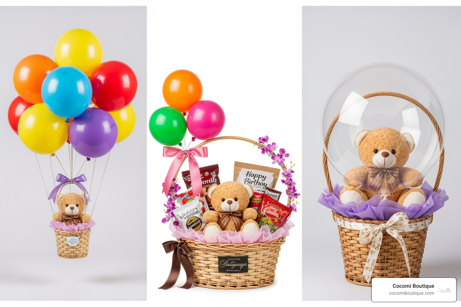 various arrangement styles - teddy bear in basket with balloons
