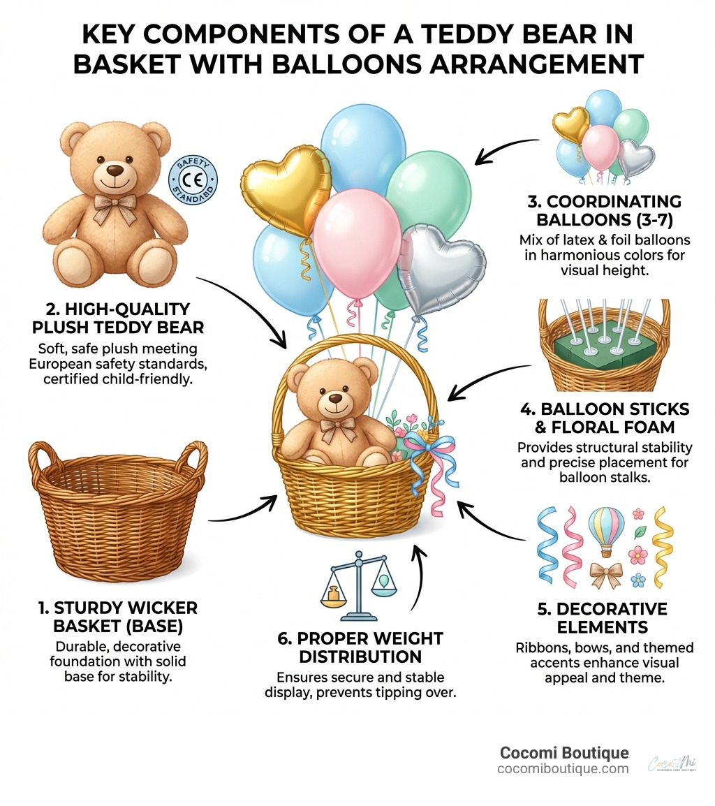 infographic showing the key components of a teddy bear in basket with balloons arrangement: a sturdy wicker basket as the base, high-quality plush teddy bear meeting European safety standards, 3-7 latex or foil balloons in coordinating colors, balloon sticks and floral foam for stability, decorative elements like ribbons and themed accents, and proper weight distribution for display - teddy bear in basket with balloons infographic 