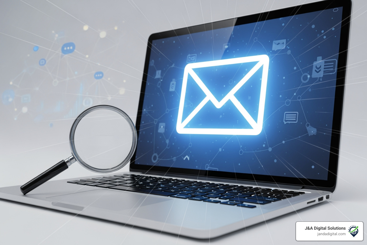 Digital outreach with a laptop, email icon, and magnifying glass - Link building services Digital outreach with a laptop, email icon, and magnifying glass - Link building services