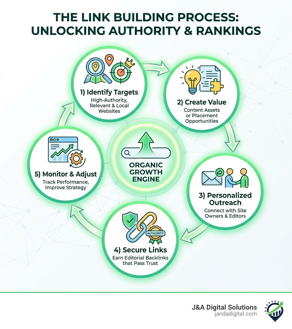 Infographic showing the link building process: 1) Identify high-authority, relevant websites in your industry and local area, 2) Create valuable content or find existing placement opportunities, 3) Conduct personalized outreach to site owners, 4) Secure editorial links that pass authority, 5) Monitor link performance and adjust strategy based on ranking improvements and traffic growth - Link building services infographic Infographic showing the link building process: 1) Identify high-authority, relevant websites in your industry and local area, 2) Create valuable content or find existing placement opportunities, 3) Conduct personalized outreach to site owners, 4) Secure editorial links that pass authority, 5) Monitor link performance and adjust strategy based on ranking improvements and traffic growth - Link building services infographic