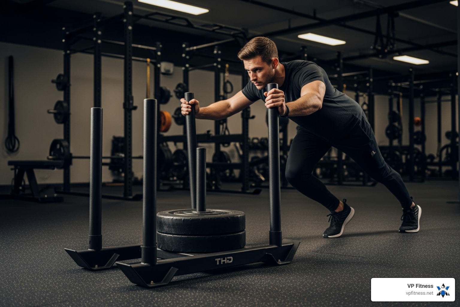 a person pushing a heavy gym sled - Muscle building cardio