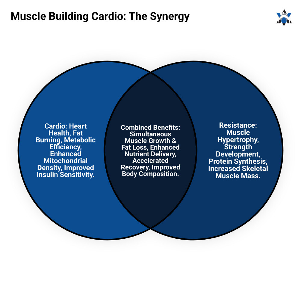 infographic showing the synergy between cardio and resistance training for muscle growth, including optimal work-to-rest ratios, weekly volume recommendations, and physiological adaptations like increased capillary density and mitochondrial biogenesis - Muscle building cardio infographic venn_diagram