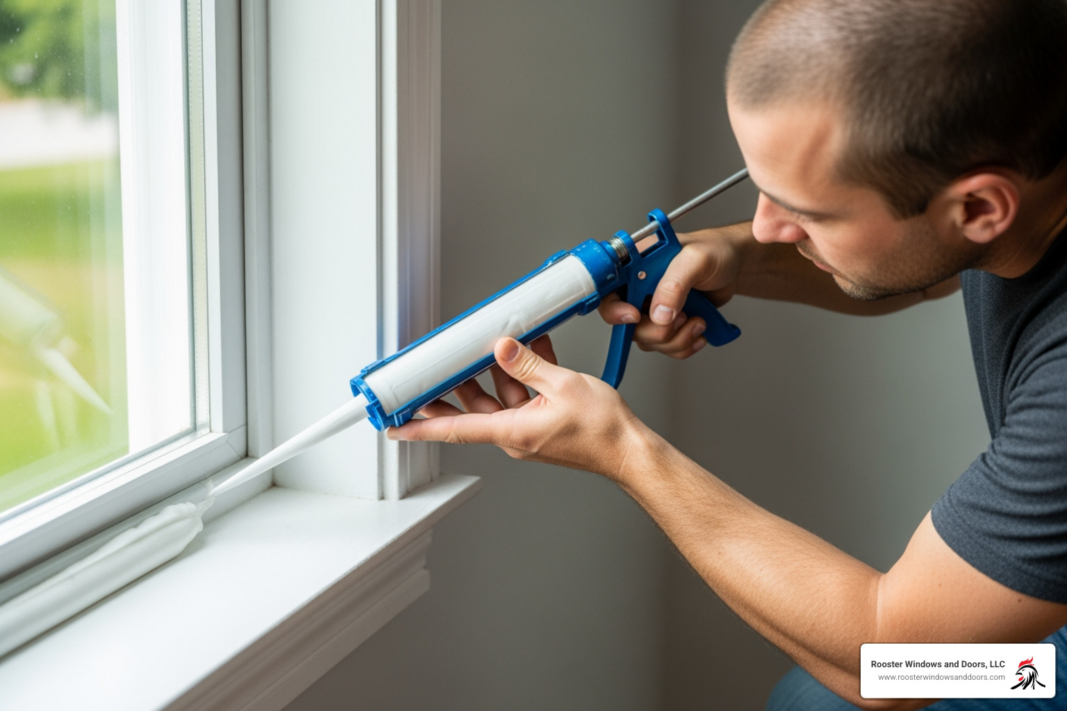 homeowner applying caulk to a window frame - how to seal basement windows