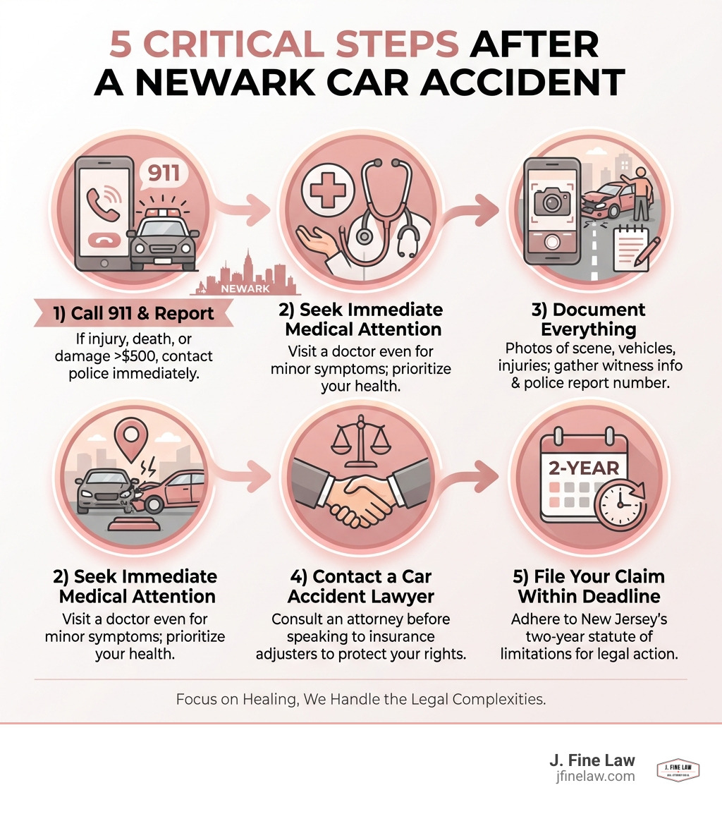 Infographic showing 5 critical steps after a Newark car accident: 1) Call 911 and report to police if injury/death or damage over $500, 2) Seek immediate medical attention even for minor symptoms, 3) Document everything - photos of scene, vehicles, injuries, and gather witness contact info, 4) Contact a car accident lawyer before speaking with insurance adjusters, 5) File your claim within New Jersey's two-year statute of limitations - car accident lawyer newark infographic Infographic showing 5 critical steps after a Newark car accident: 1) Call 911 and report to police if injury/death or damage over $500, 2) Seek immediate medical attention even for minor symptoms, 3) Document everything - photos of scene, vehicles, injuries, and gather witness contact info, 4) Contact a car accident lawyer before speaking with insurance adjusters, 5) File your claim within New Jersey's two-year statute of limitations - car accident lawyer newark infographic