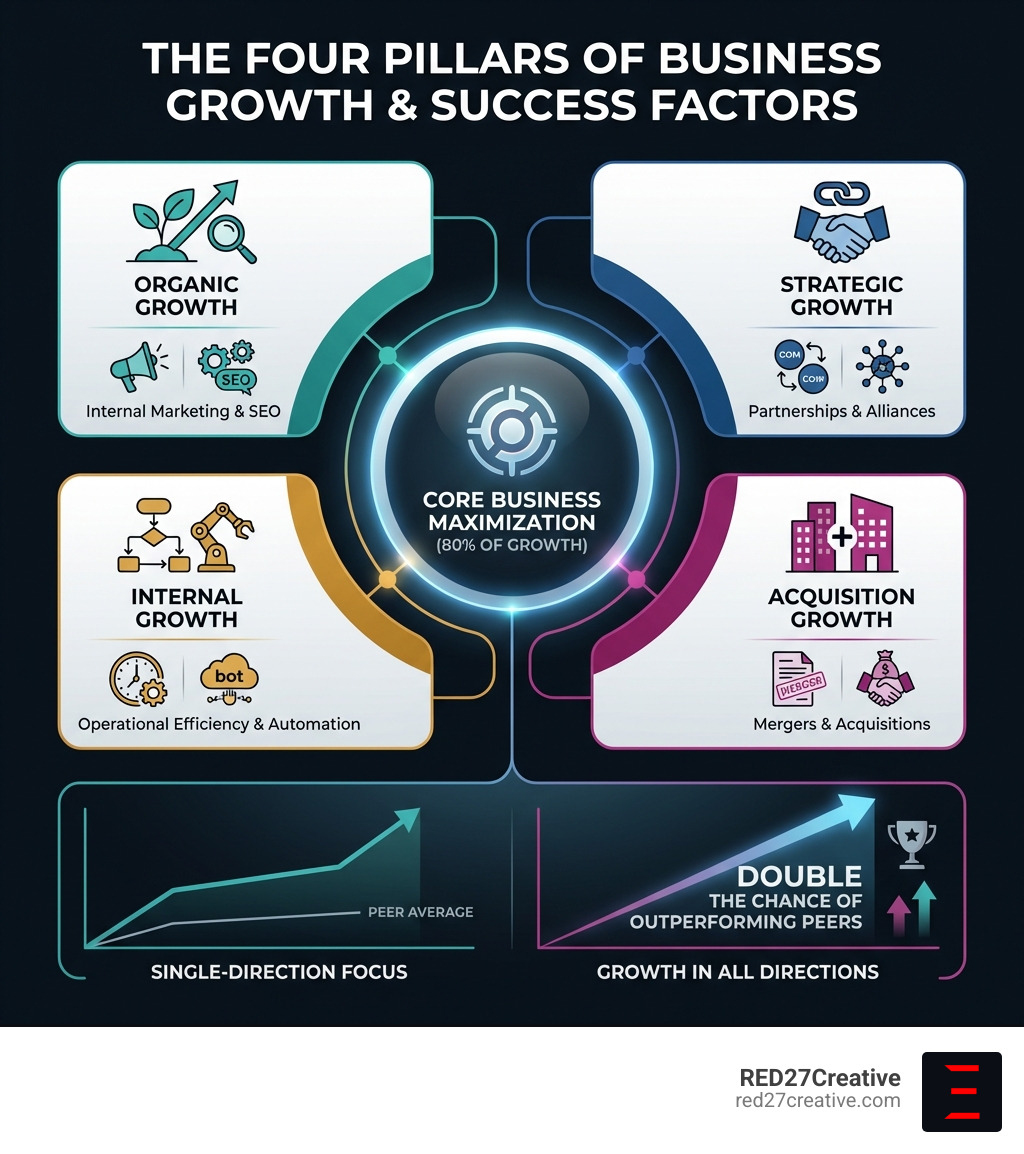detailed infographic showing the four pillars of business growth strategies: organic growth through internal marketing and SEO, strategic growth via partnerships and alliances, internal growth through operational efficiency and automation, and acquisition growth through mergers and acquisitions, with statistics showing 80% of growth comes from core business and companies that grow in all directions have double the chance of outperforming peers - business growth strategies infographic detailed infographic showing the four pillars of business growth strategies: organic growth through internal marketing and SEO, strategic growth via partnerships and alliances, internal growth through operational efficiency and automation, and acquisition growth through mergers and acquisitions, with statistics showing 80% of growth comes from core business and companies that grow in all directions have double the chance of outperforming peers - business growth strategies infographic
