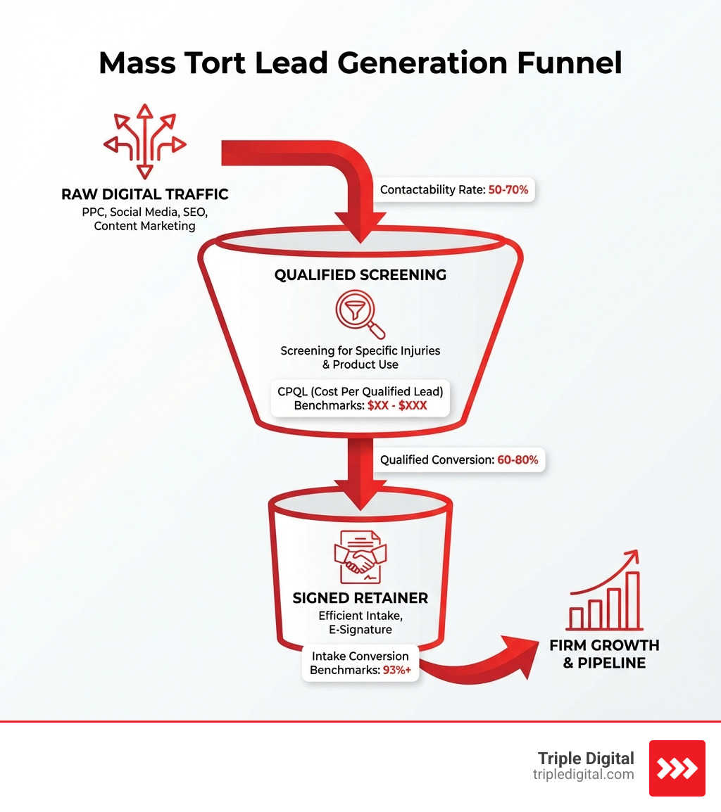 Mass Tort Lead Generation Funnel: From raw digital traffic through qualified screening to signed retainer, showing conversion rates at each stage and key metrics like CPQL, contactability rates, and intake conversion benchmarks - mass tort lead generation infographic 