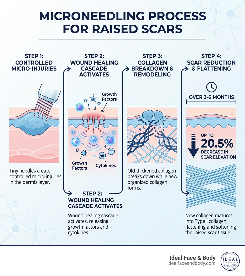 Infographic showing the microneedling process for raised scars: Step 1 - Tiny needles create controlled micro-injuries in the dermis layer; Step 2 - Wound healing cascade activates, releasing growth factors and cytokines; Step 3 - Old thickened collagen breaks down while new organized collagen forms; Step 4 - Over 3-6 months, scar elevation decreases by up to 20.5% as new collagen matures into Type I collagen, flattening and softening the raised scar tissue - microneedling raised scars infographic Infographic showing the microneedling process for raised scars: Step 1 - Tiny needles create controlled micro-injuries in the dermis layer; Step 2 - Wound healing cascade activates, releasing growth factors and cytokines; Step 3 - Old thickened collagen breaks down while new organized collagen forms; Step 4 - Over 3-6 months, scar elevation decreases by up to 20.5% as new collagen matures into Type I collagen, flattening and softening the raised scar tissue - microneedling raised scars infographic