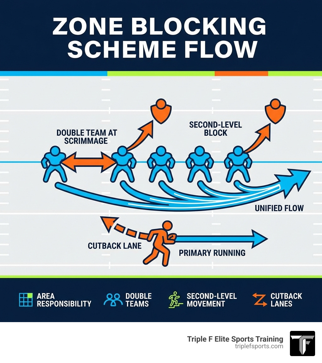 zone blocking scheme flow infographic showing offensive linemen working in tandem with double teams at line of scrimmage and second level linebacker blocks, plus running back cutback lanes - Zone blocking offensive line infographic zone blocking scheme flow infographic showing offensive linemen working in tandem with double teams at line of scrimmage and second level linebacker blocks, plus running back cutback lanes - Zone blocking offensive line infographic