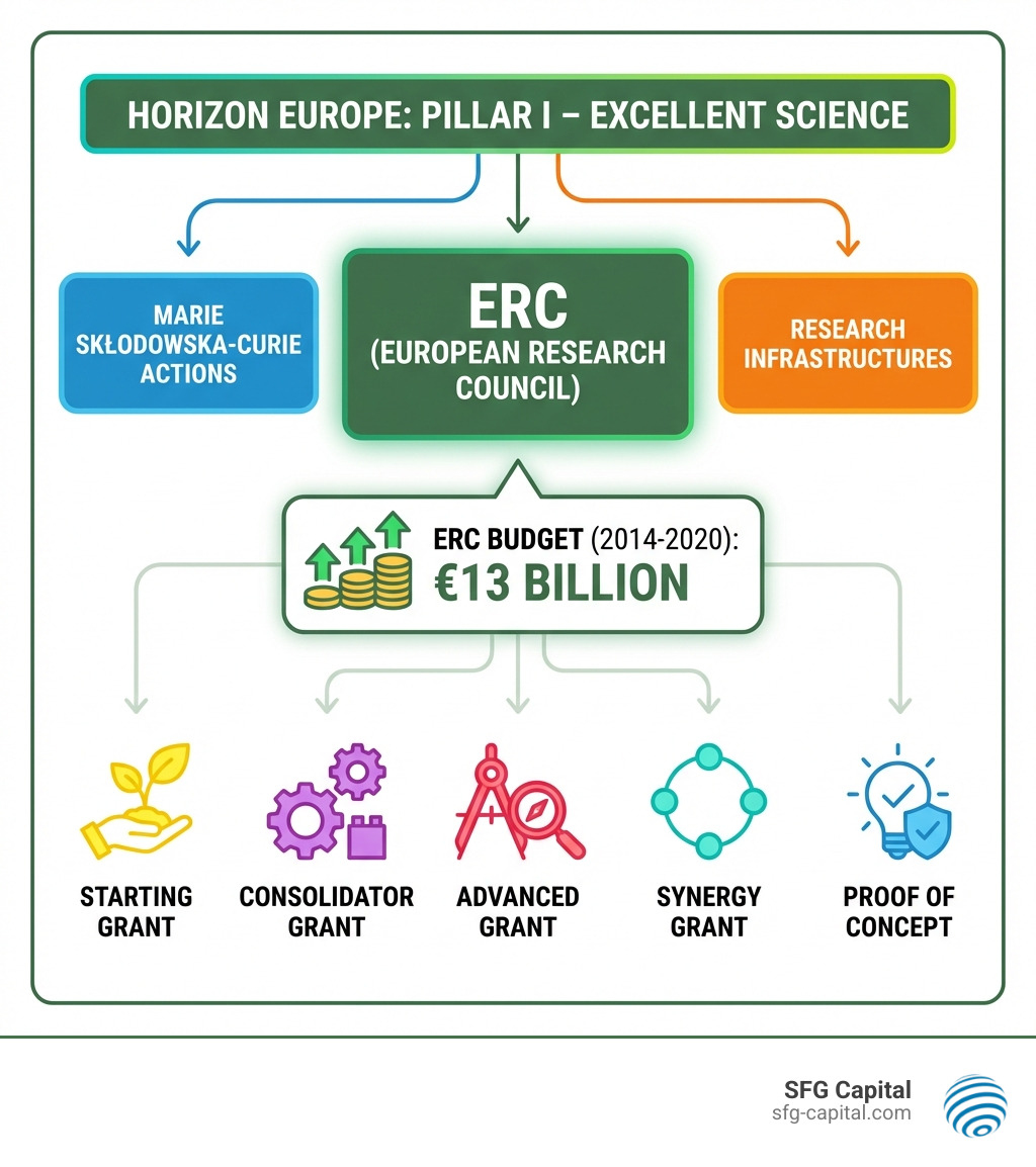 Infographic showing ERC as part of Horizon Europe Pillar I Excellent Science, alongside Marie Skłodowska-Curie Actions and Research Infrastructures, with budget allocation of €13 billion for 2014-2020 and the five main grant schemes: Starting, Consolidator, Advanced, Synergy, and Proof of Concept - erc funding grant infographic Infographic showing ERC as part of Horizon Europe Pillar I Excellent Science, alongside Marie Skłodowska-Curie Actions and Research Infrastructures, with budget allocation of €13 billion for 2014-2020 and the five main grant schemes: Starting, Consolidator, Advanced, Synergy, and Proof of Concept - erc funding grant infographic