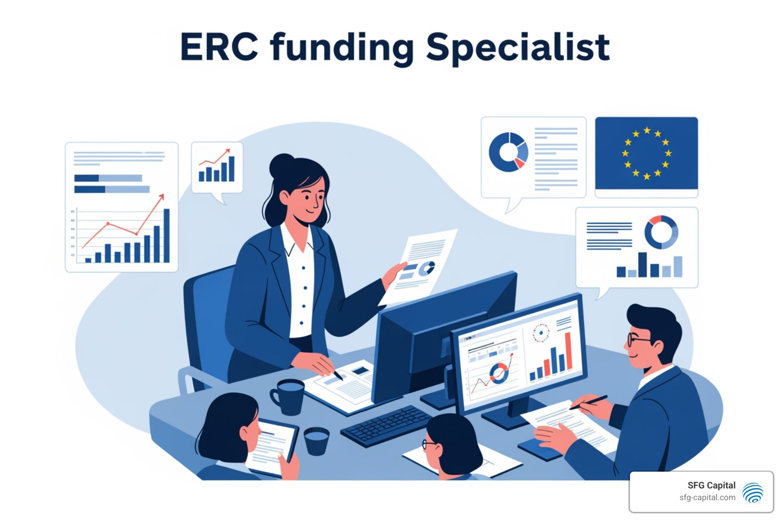 professional tax consultant explaining complex tax documents to a small business owner - ERC funding specialist