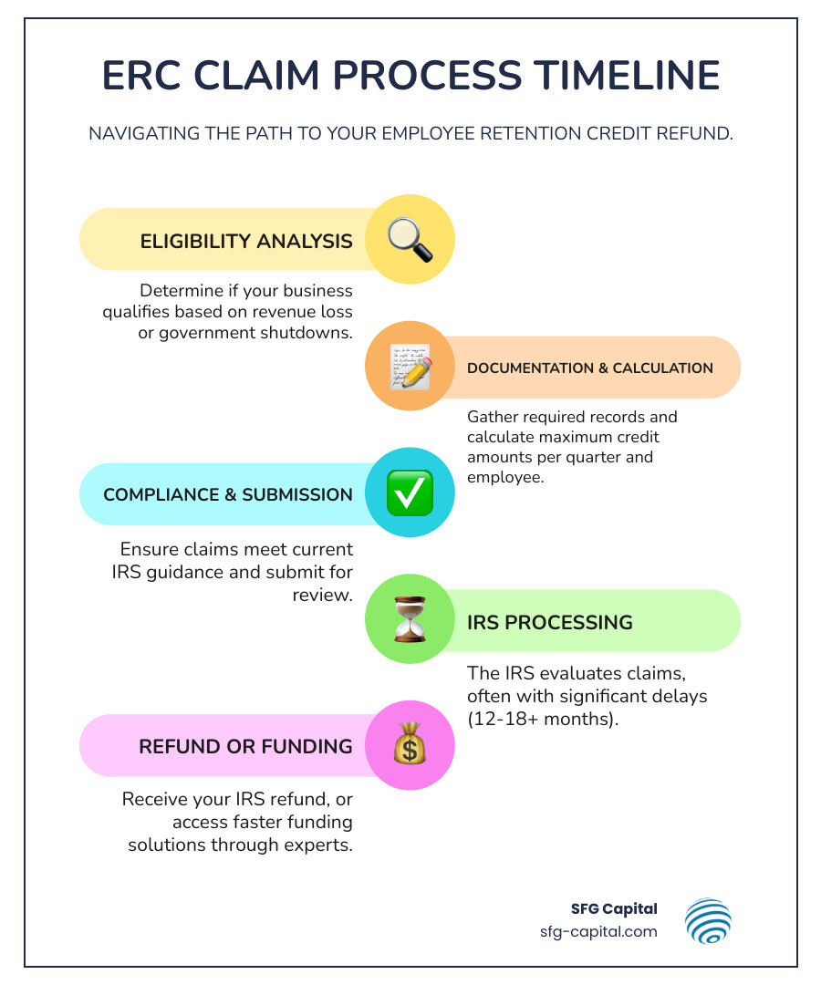 infographic showing ERC claim process timeline from eligibility check through IRS processing, with average wait times and success rates at each stage - erc funding experts infographic infographic-line-5-steps-colors