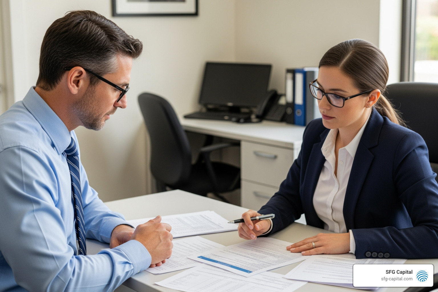 business owner reviewing financial documents with an ERC expert - erc funding experts