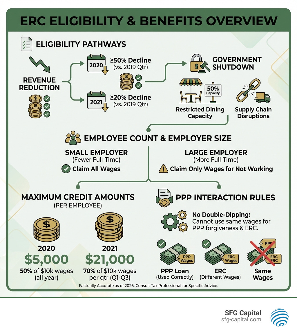 infographic showing ERC eligibility pathways including revenue reduction thresholds by quarter for 2020 and 2021, government shutdown qualifications with examples like restricted dining capacity and supply chain disruptions, employee count distinctions between small and large employers, maximum credit amounts of $5,000 per employee for 2020 and $21,000 per employee for 2021, and PPP interaction rules - ERC funding specialist infographic 