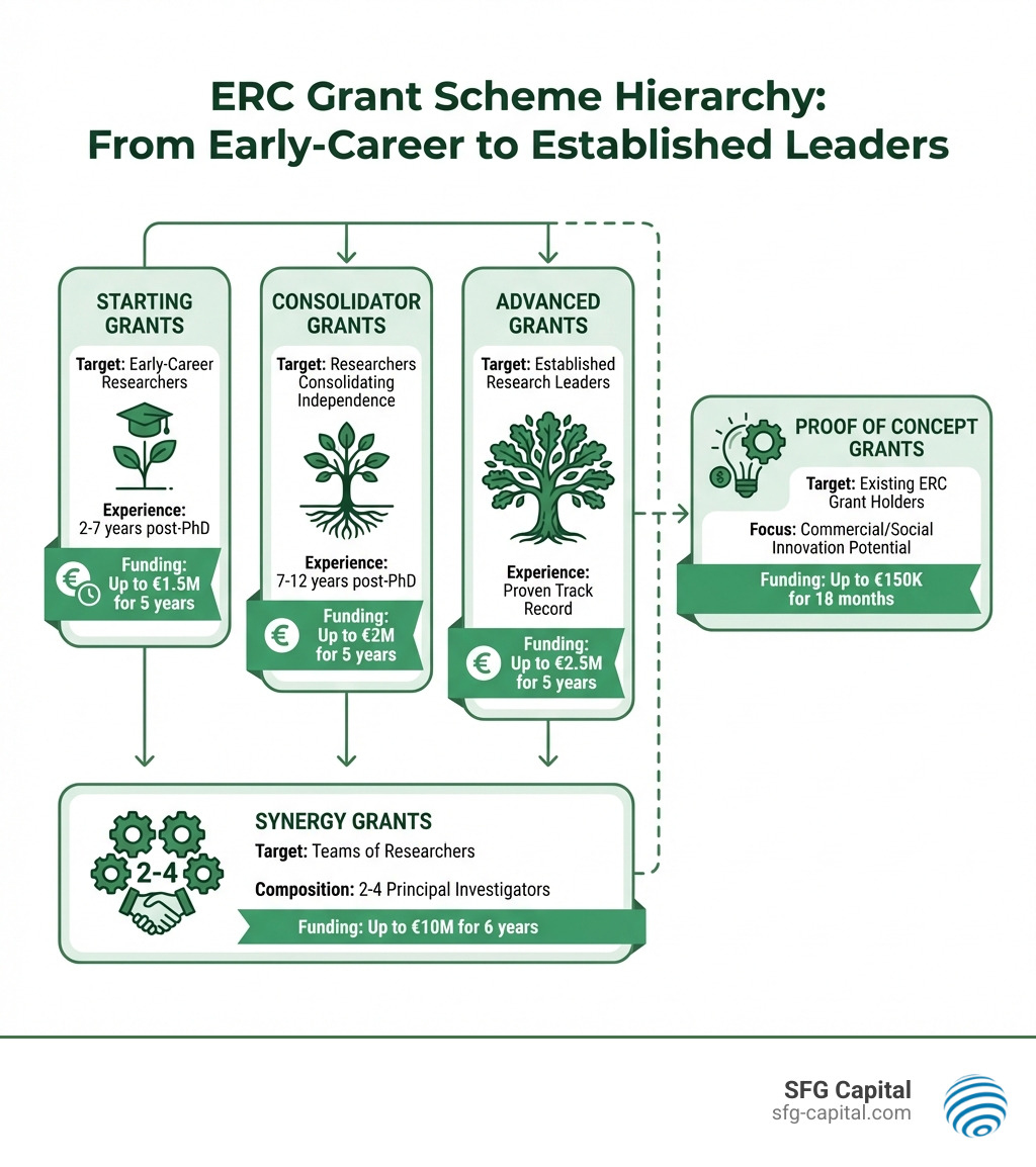Infographic showing ERC grant scheme hierarchy: Starting Grants for early-career researchers with 2-7 years post-PhD experience up to €1.5M for 5 years, Consolidator Grants for researchers with 7-12 years experience up to €2M for 5 years, Advanced Grants for established research leaders up to €2.5M for 5 years, Synergy Grants for teams of 2-4 researchers up to €10M for 6 years, and Proof of Concept grants for existing ERC holders up to €150K for 18 months - ERC funding program infographic 