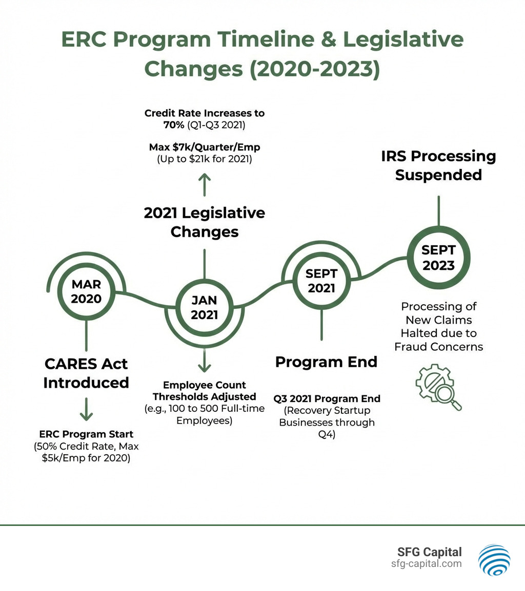 infographic showing ERC timeline from March 2020 CARES Act introduction through September 2021 program end, highlighting key legislative changes including credit percentage increases from 50% to 70%, maximum wage limits, employee count thresholds, and the September 2023 IRS processing suspension - ERC government program infographic infographic showing ERC timeline from March 2020 CARES Act introduction through September 2021 program end, highlighting key legislative changes including credit percentage increases from 50% to 70%, maximum wage limits, employee count thresholds, and the September 2023 IRS processing suspension - ERC government program infographic