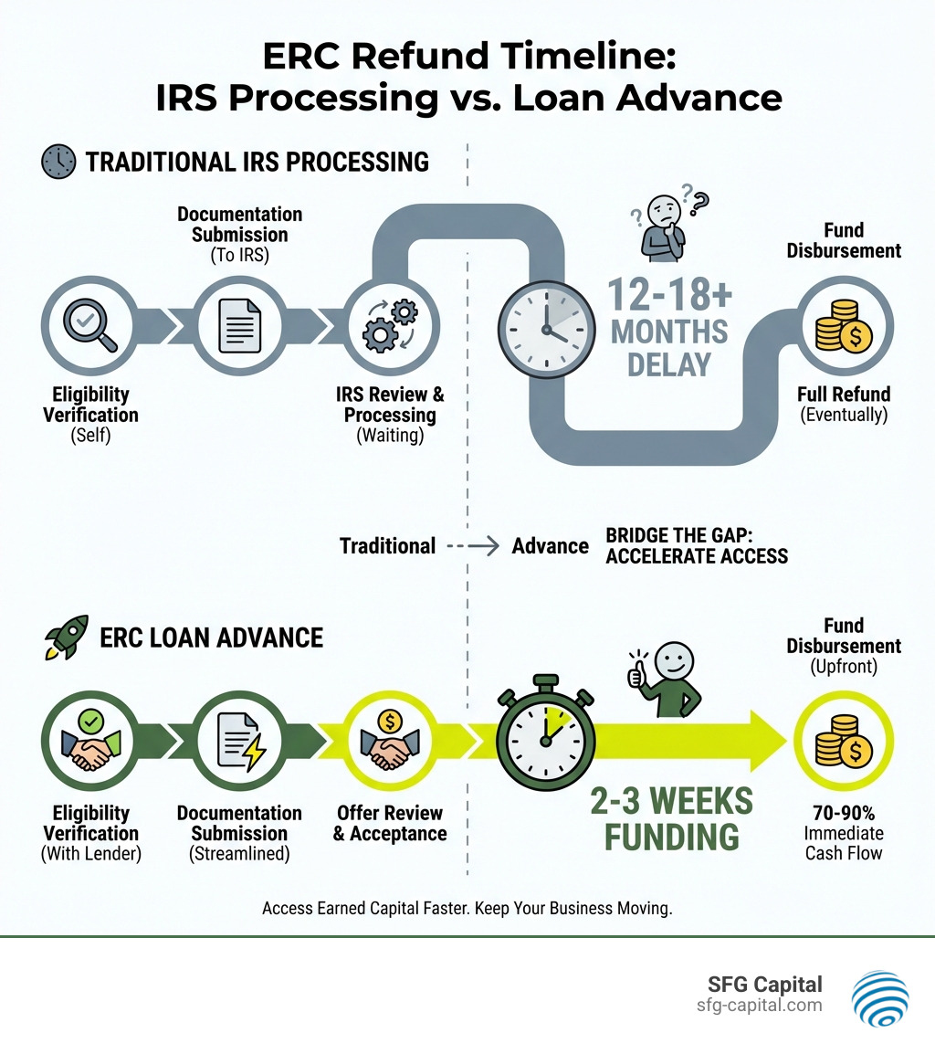 infographic showing ERC loan advance timeline comparing 12-18 month IRS processing versus 2-3 week advance funding, with steps including eligibility verification, documentation submission, offer review, and fund disbursement - ERC loan advance infographic 
