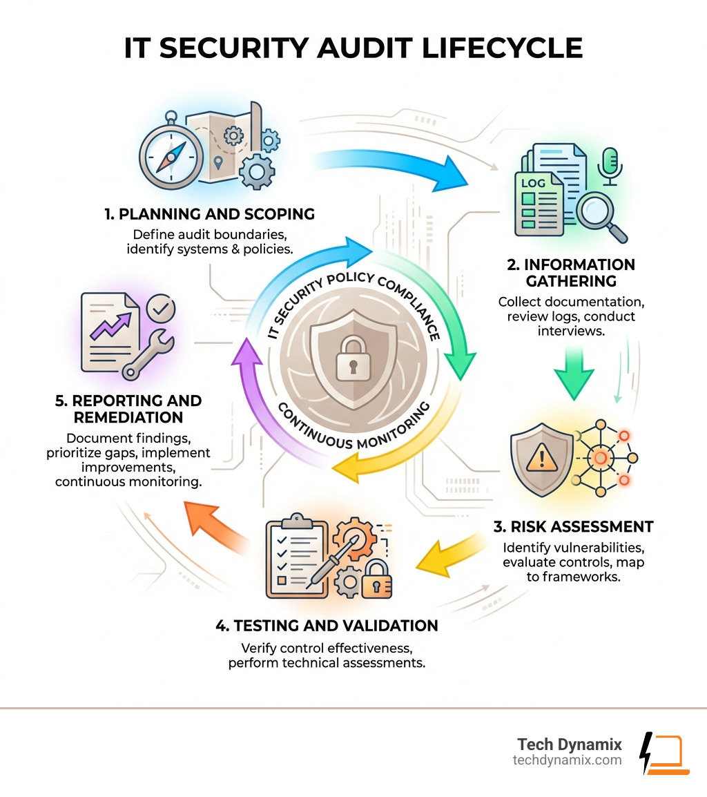 Infographic showing the IT security audit lifecycle: 1. Planning and Scoping (define audit boundaries, identify systems and policies), 2. Information Gathering (collect documentation, review logs, conduct interviews), 3. Risk Assessment (identify vulnerabilities, evaluate controls, map to frameworks), 4. Testing and Validation (verify control effectiveness, perform technical assessments), 5. Reporting and Remediation (document findings, prioritize gaps, implement improvements, continuous monitoring) - auditing it security policy compliance infographic 