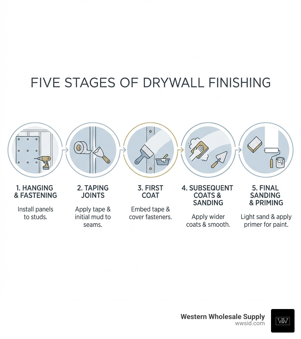 infographic showing the five stages of drywall finishing: hanging and fastening panels, taping joints with paper or mesh tape, applying first coat of joint compound, sanding and applying subsequent coats for smooth finish, final sanding and priming for paint - drywall near me infographic infographic showing the five stages of drywall finishing: hanging and fastening panels, taping joints with paper or mesh tape, applying first coat of joint compound, sanding and applying subsequent coats for smooth finish, final sanding and priming for paint - drywall near me infographic