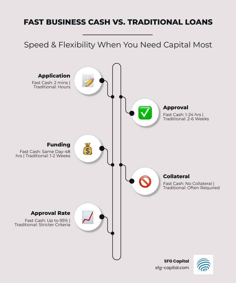 Infographic showing fast business cash funding timeline: Application (2 minutes) → Approval (1-24 hours) → Funding (Same day to 48 hours) compared to traditional bank loans (Application (hours) → Approval (2-6 weeks) → Funding (1-2 weeks after approval)). Key advantages displayed: No collateral required, 95% approval rate, Revenue-based qualification, Flexible repayment tied to sales - Fast business cash infographic infographic-line-5-steps-elegant_beige Infographic showing fast business cash funding timeline: Application (2 minutes) → Approval (1-24 hours) → Funding (Same day to 48 hours) compared to traditional bank loans (Application (hours) → Approval (2-6 weeks) → Funding (1-2 weeks after approval)). Key advantages displayed: No collateral required, 95% approval rate, Revenue-based qualification, Flexible repayment tied to sales - Fast business cash infographic infographic-line-5-steps-elegant_beige