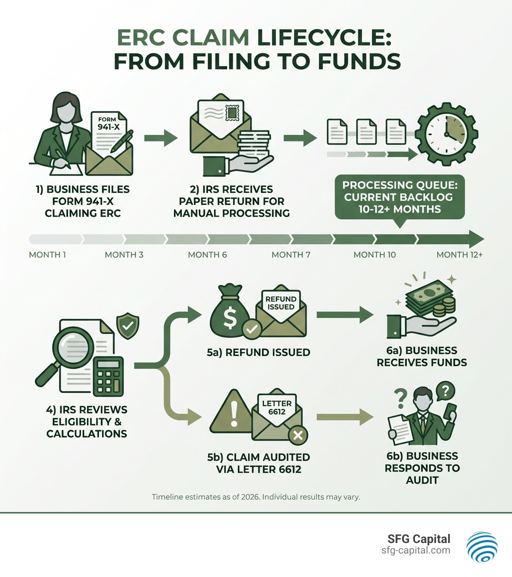 Infographic showing the ERC claim lifecycle: 1) Business files Form 941-X claiming ERC, 2) IRS receives paper return for manual processing, 3) Claim enters processing queue (current backlog 10-12+ months), 4) IRS reviews eligibility and calculations, 5) Refund issued or claim audited via Letter 6612, 6) Business receives funds or responds to audit - ERC refund timeline infographic Infographic showing the ERC claim lifecycle: 1) Business files Form 941-X claiming ERC, 2) IRS receives paper return for manual processing, 3) Claim enters processing queue (current backlog 10-12+ months), 4) IRS reviews eligibility and calculations, 5) Refund issued or claim audited via Letter 6612, 6) Business receives funds or responds to audit - ERC refund timeline infographic