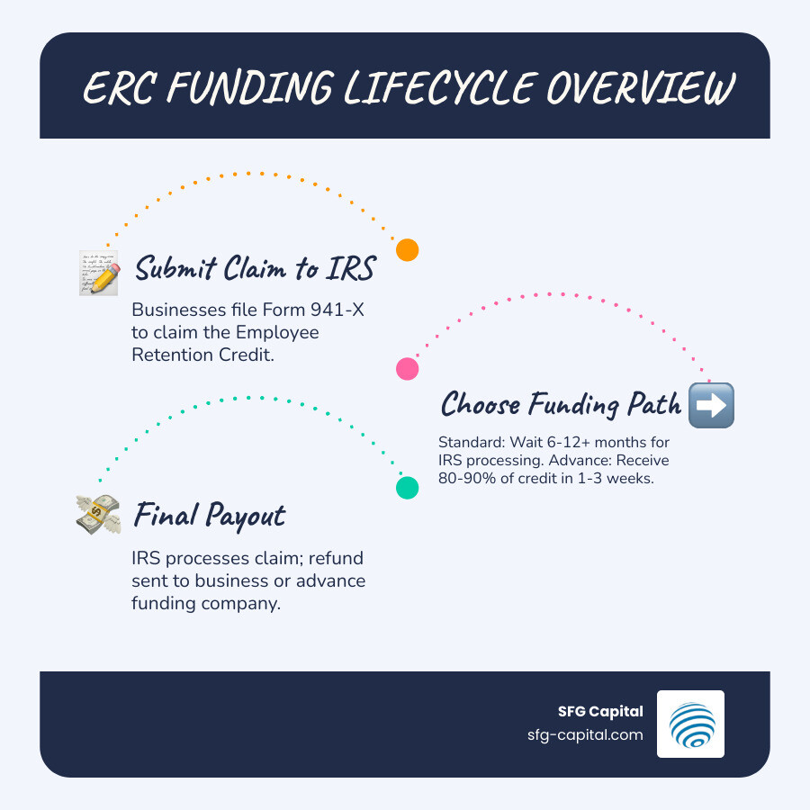 detailed infographic showing the ERC funding lifecycle: business files claim with IRS, waits 6-12 months for processing, or chooses advance funding option receiving 80-90% in 1-3 weeks, IRS eventually processes claim, funding company receives full refund - ERC tax credit loan infographic infographic-line-3-steps-blues-accent_colors detailed infographic showing the ERC funding lifecycle: business files claim with IRS, waits 6-12 months for processing, or chooses advance funding option receiving 80-90% in 1-3 weeks, IRS eventually processes claim, funding company receives full refund - ERC tax credit loan infographic infographic-line-3-steps-blues-accent_colors