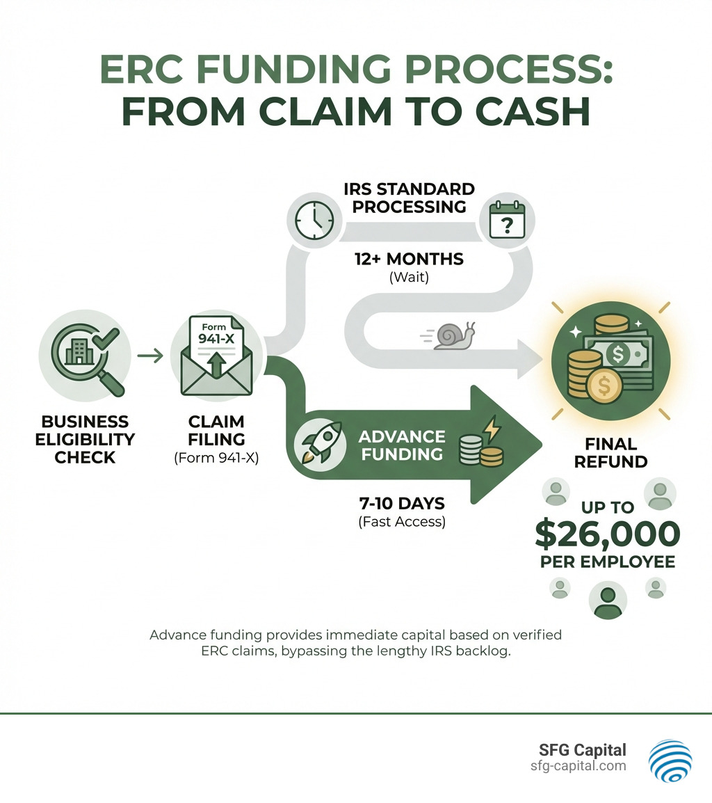 infographic showing ERC funding process: business eligibility check, claim filing with Form 941-X, IRS standard processing of 12+ months versus advance funding in 7-10 days, and final refund of up to $26,000 per employee - erc funding near me infographic 
