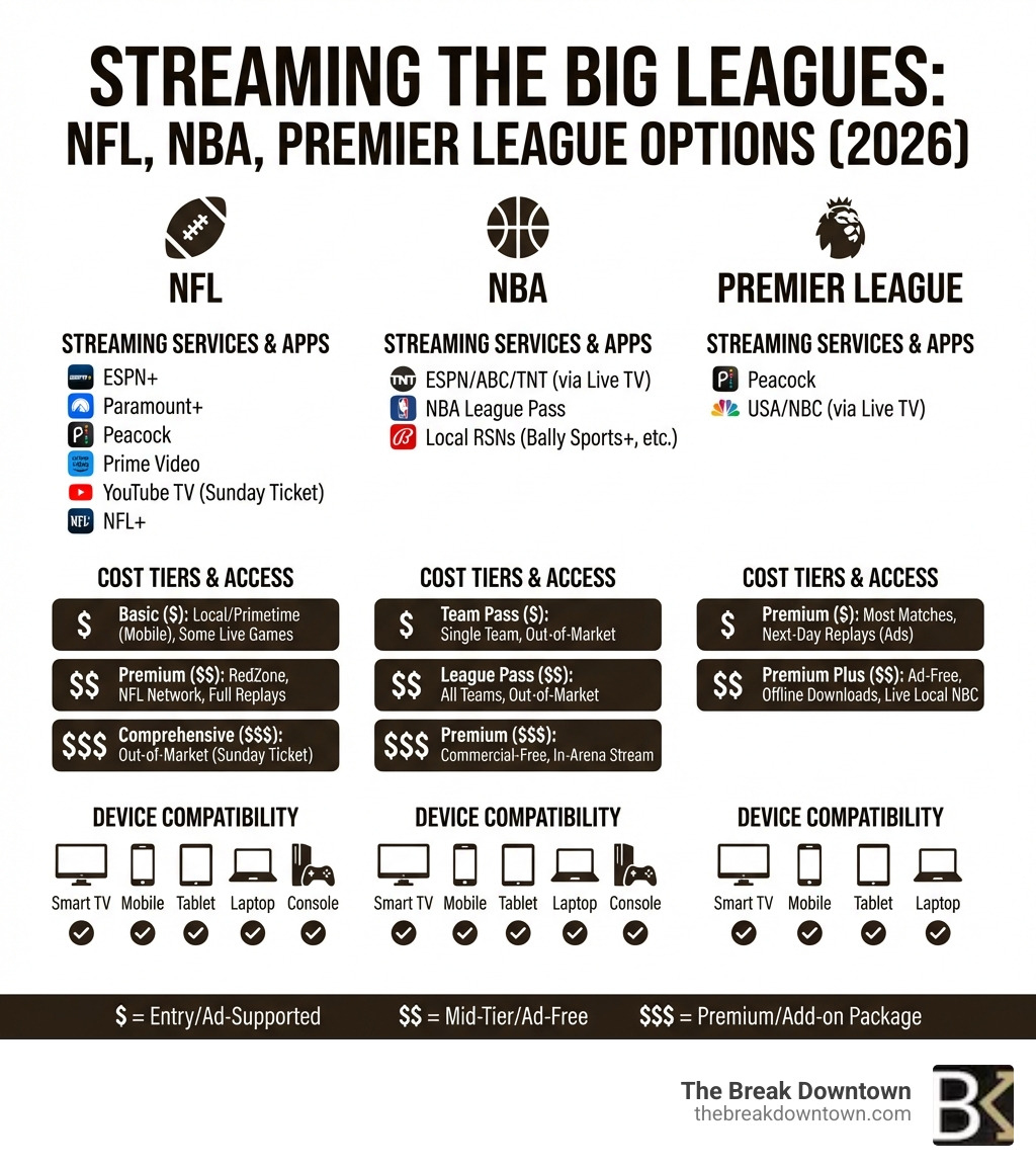 infographic showing streaming platforms and costs for NFL NBA Premier League with device compatibility and subscription tiers - Where to watch games infographic 