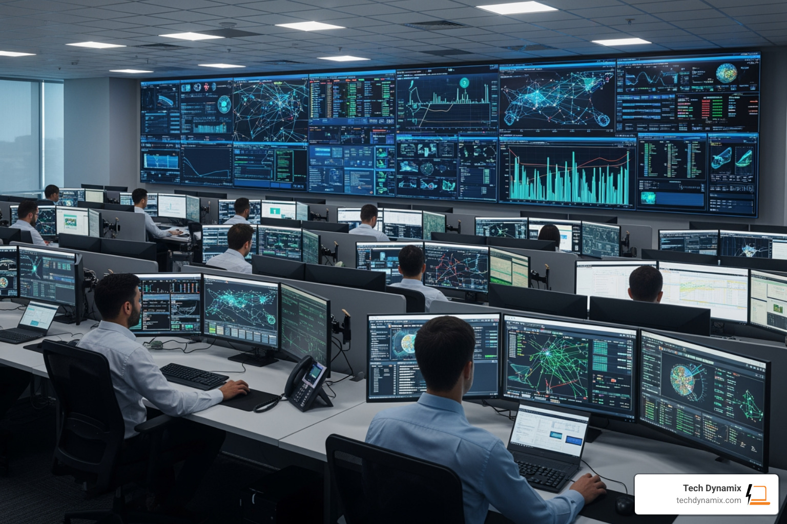 A busy Security Operations Center with multiple screens displaying cybersecurity data - Endpoint detection response