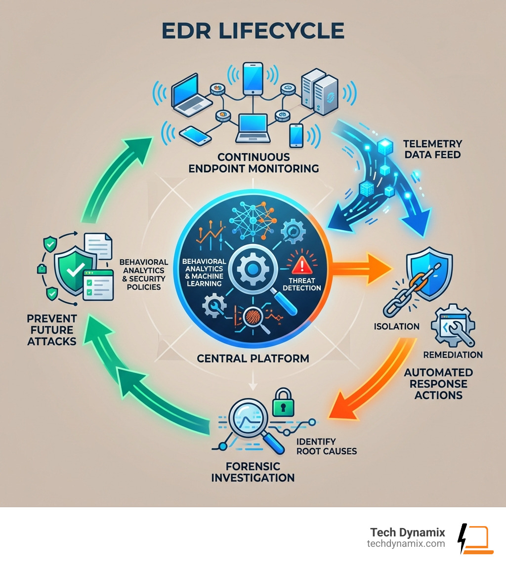 Infographic showing the EDR lifecycle: continuous endpoint monitoring feeds telemetry data to a central platform, where behavioral analytics and machine learning detect threats, triggering automated response actions like isolation and remediation, followed by forensic investigation to identify root causes and prevent future attacks - Endpoint detection response infographic 