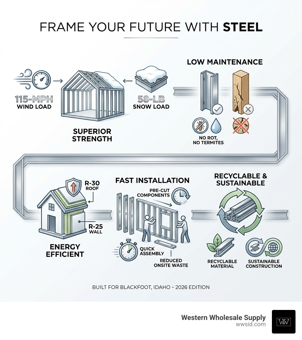 Infographic showing benefits of steel framing: superior strength with 115-mph wind and 58-pound snow load capacity, low maintenance with no rot or termite damage, energy efficient with R-30 roof and R-25 wall insulation options, fast installation with pre-cut components, and recyclable material for sustainable construction - steel framing blackfoot infographic Infographic showing benefits of steel framing: superior strength with 115-mph wind and 58-pound snow load capacity, low maintenance with no rot or termite damage, energy efficient with R-30 roof and R-25 wall insulation options, fast installation with pre-cut components, and recyclable material for sustainable construction - steel framing blackfoot infographic