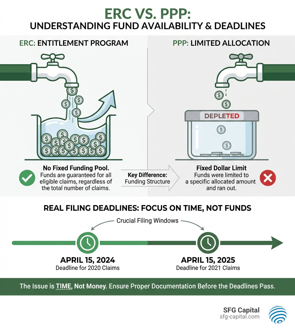 infographic showing ERC is an entitlement program with no fixed funding pool, compared to PPP which had limited allocated funds, plus timeline showing real filing deadlines April 15 2024 and April 15 2025 - erc funds running out infographic 