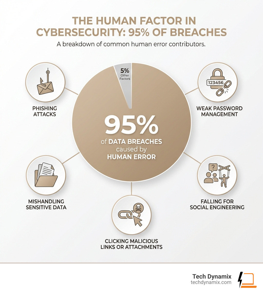 Infographic showing that 95% of data breaches are caused by human error, including phishing attacks, weak password management, mishandling sensitive data, falling for social engineering tactics, and clicking malicious links or attachments - IT security awareness infographic 