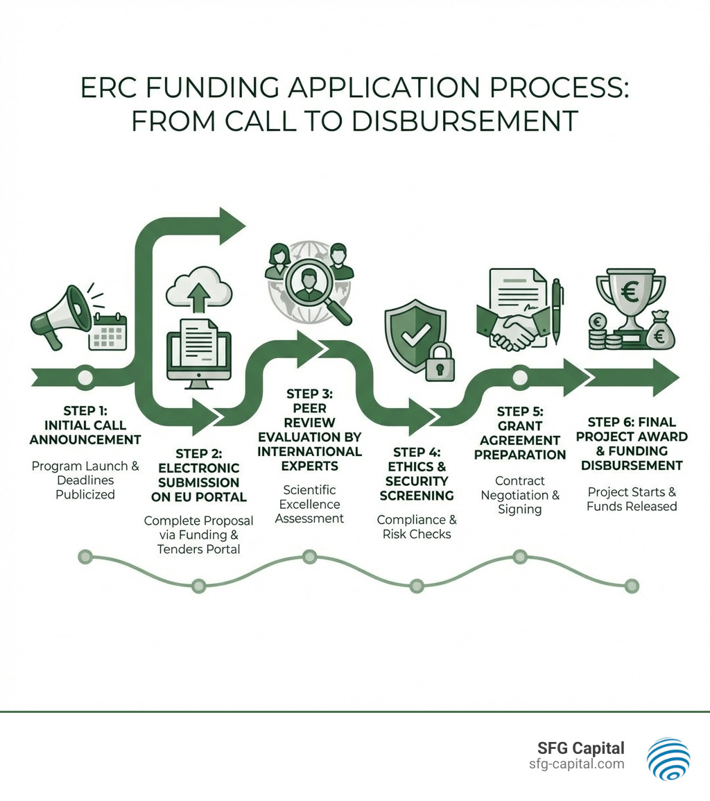 Infographic showing ERC funding application process from initial call announcement through electronic submission on EU portal, peer review evaluation by international experts, ethics and security screening, grant agreement preparation, and final project award with funding disbursement - erc funding application infographic Infographic showing ERC funding application process from initial call announcement through electronic submission on EU portal, peer review evaluation by international experts, ethics and security screening, grant agreement preparation, and final project award with funding disbursement - erc funding application infographic