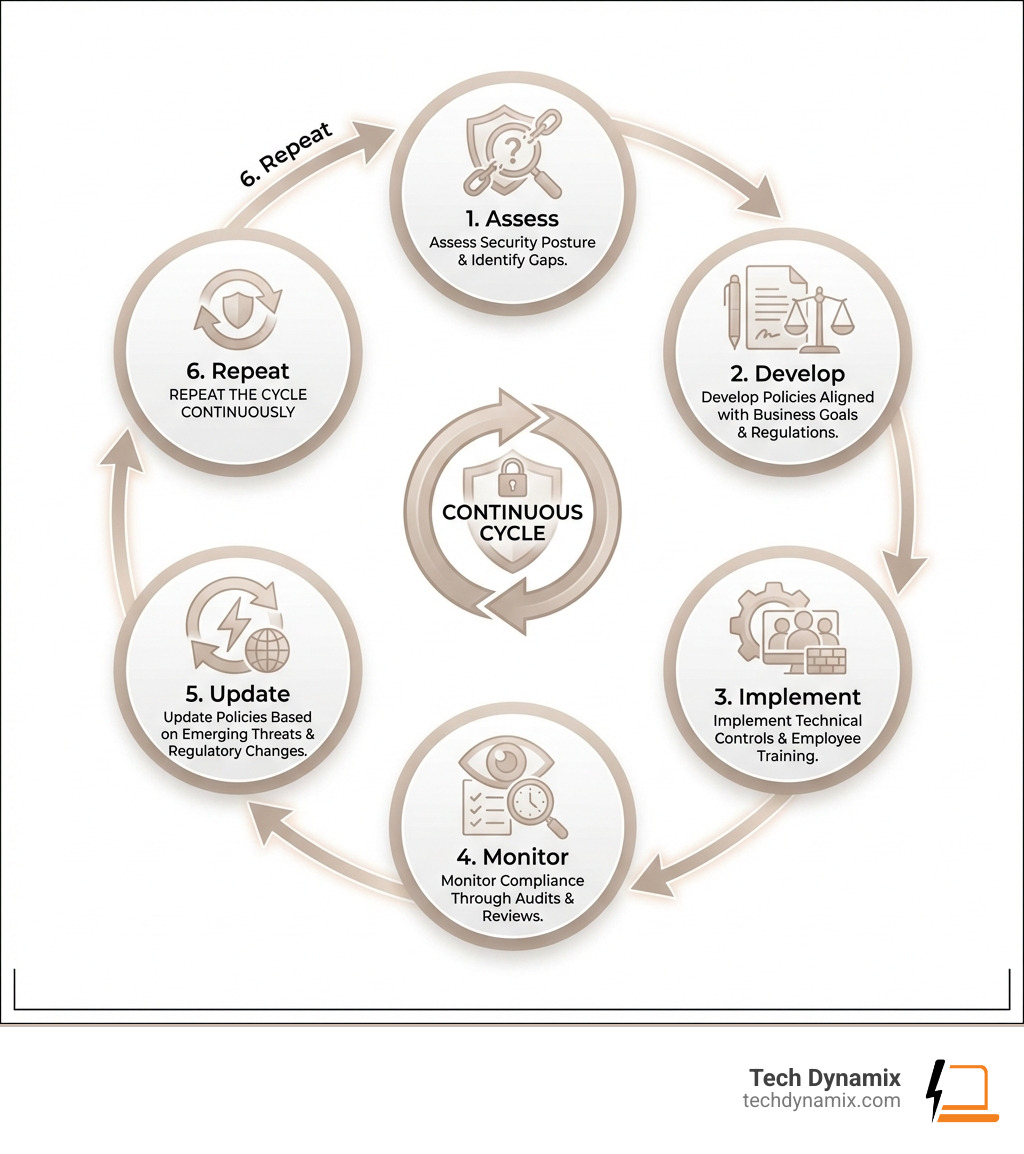 Infographic showing the IT security policy lifecycle: 1. Assess current security posture and identify gaps, 2. Develop policies aligned with business goals and regulations, 3. Implement technical controls and employee training, 4. Monitor compliance through audits and reviews, 5. Update policies based on emerging threats and regulatory changes, 6. Repeat the cycle continuously - it security policy compliance infographic 