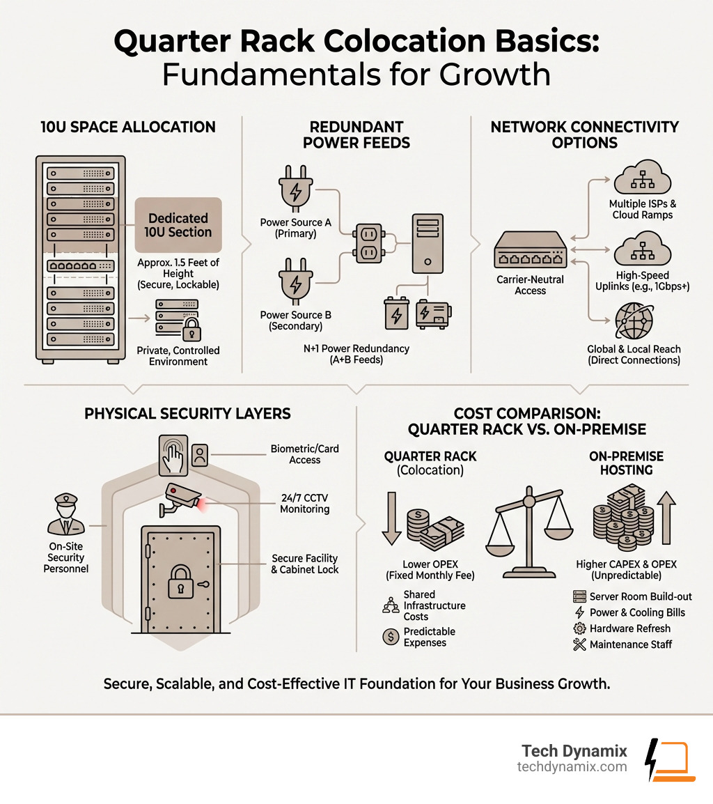 Infographic showing quarter rack colocation basics: 10U space allocation, redundant power feeds, network connectivity options, physical security layers, and cost comparison to on-premise hosting - Quarter rack colocation infographic 