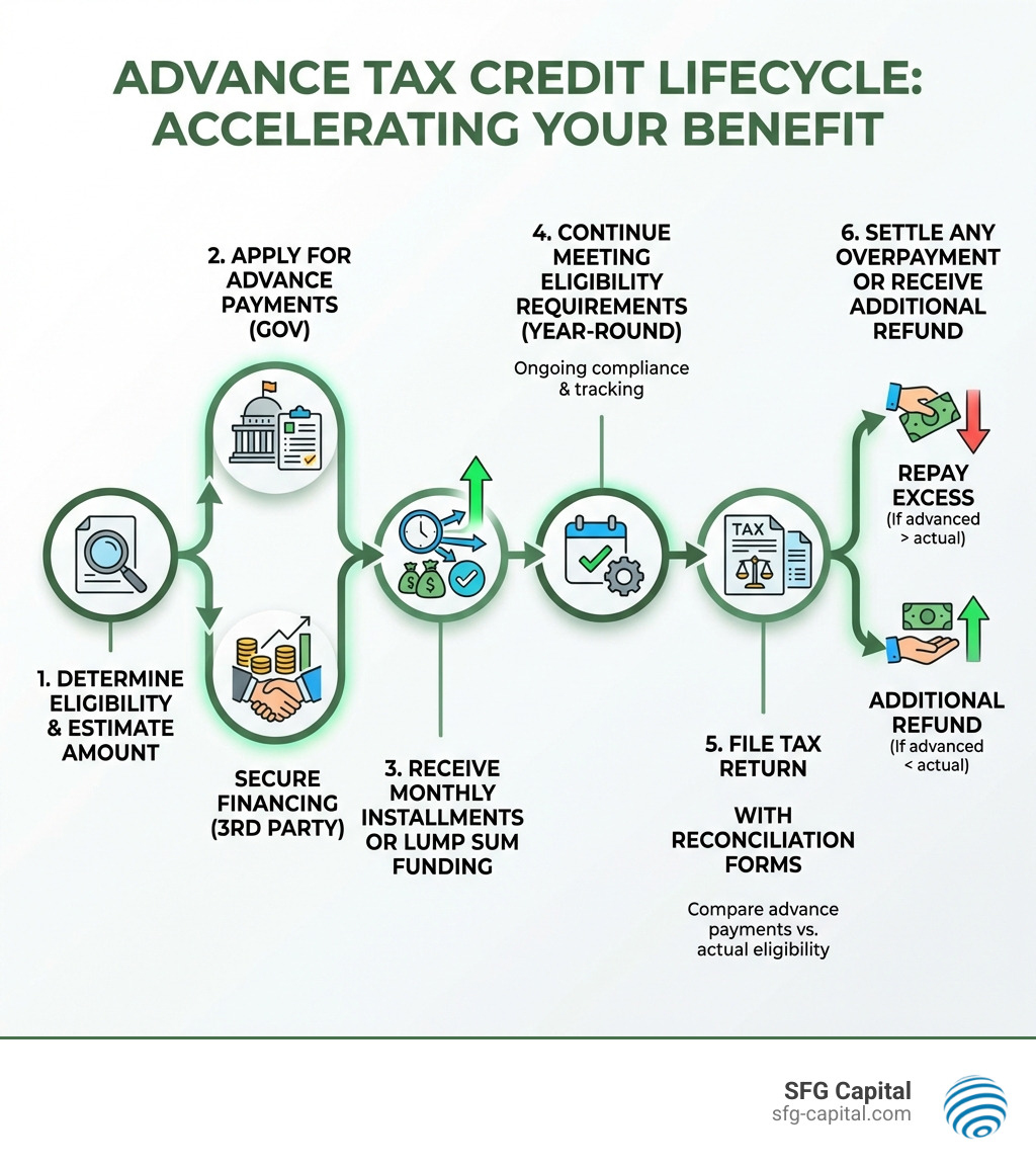 Infographic showing the advance tax credit lifecycle: 1) Determine eligibility and estimate credit amount, 2) Apply for advance payments or secure financing, 3) Receive monthly installments or lump sum funding, 4) Continue meeting eligibility requirements throughout the year, 5) File tax return with reconciliation forms, 6) Settle any overpayment or receive additional refund - Advance tax credits infographic 