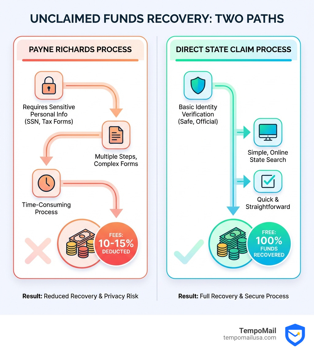 infographic showing comparison between Payne Richards recovery process with 10-15% fees and multiple steps requiring personal information versus direct state claim process that is free and straightforward with basic identity verification - payne richards & associates scam infographic infographic showing comparison between Payne Richards recovery process with 10-15% fees and multiple steps requiring personal information versus direct state claim process that is free and straightforward with basic identity verification - payne richards & associates scam infographic