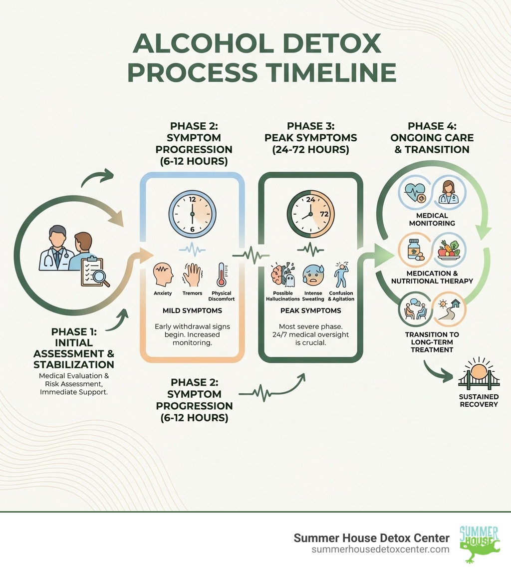 infographic showing the alcohol detox process timeline from initial assessment through stabilization, including symptom progression from 6-12 hours (mild symptoms like anxiety and tremors), 24-72 hours (peak symptoms including possible hallucinations), and ongoing care with medical monitoring, medication support, nutritional therapy, and transition to long-term treatment - how to detox from alcohol infographic 