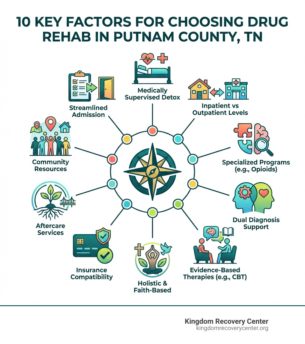 Infographic showing 10 key factors for choosing drug rehab: medically supervised detox, inpatient vs outpatient care levels, specialized addiction programs, dual diagnosis support, evidence-based therapies, holistic and faith-based approaches, insurance compatibility, aftercare services, community resources, and streamlined admission process - Drug Rehab Putnam County, TN infographic 