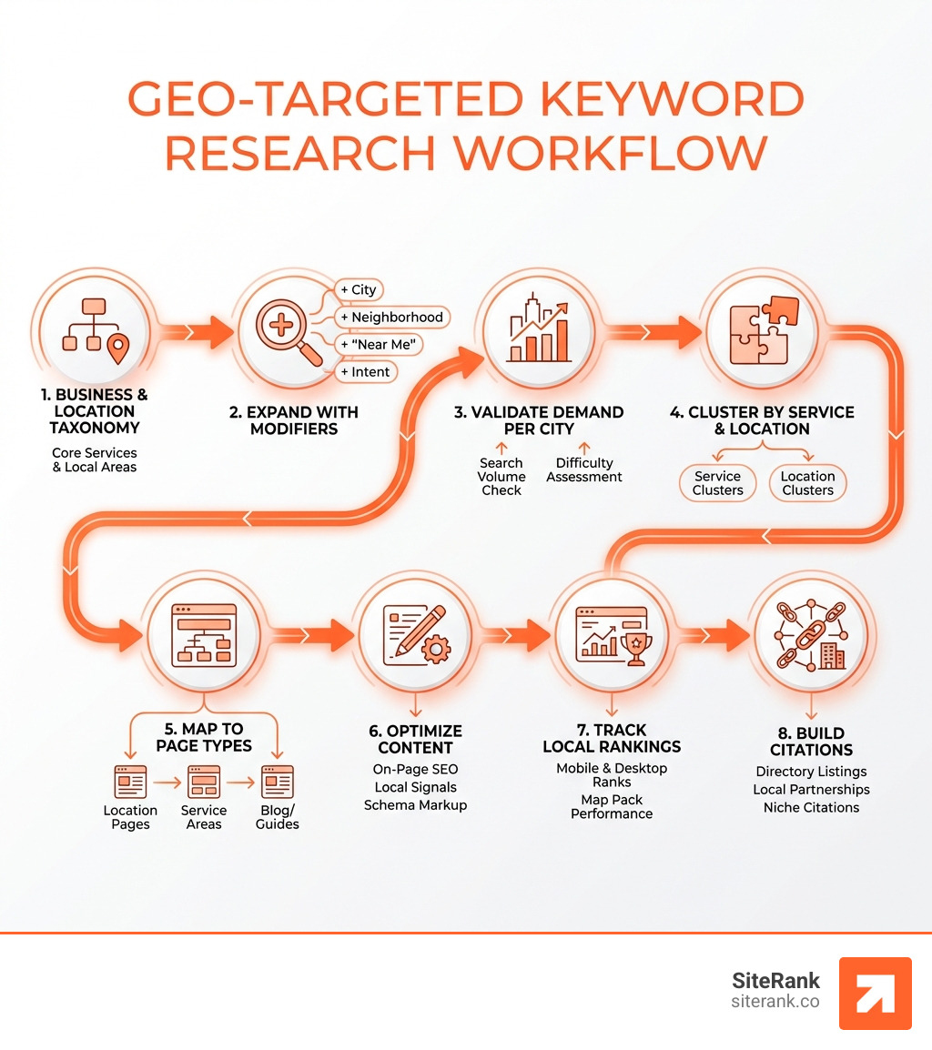 infographic showing the geo-targeted keyword research workflow: starting with business and location taxonomy, expanding with modifiers, validating demand per city, clustering by service and location, mapping to page types, optimizing content, tracking local rankings, and building citations - Geo-targeted keyword research infographic infographic showing the geo-targeted keyword research workflow: starting with business and location taxonomy, expanding with modifiers, validating demand per city, clustering by service and location, mapping to page types, optimizing content, tracking local rankings, and building citations - Geo-targeted keyword research infographic