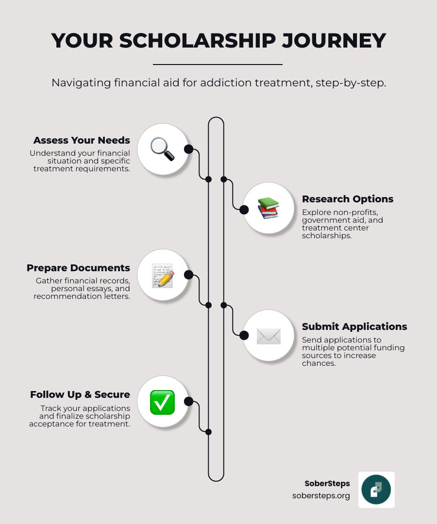 infographic showing the path from identifying financial need to finding scholarships: assess your situation, research available programs including non-profits and government resources, gather required documentation like income verification, submit applications to multiple sources, follow up on pending applications, and secure funding for treatment - Drug and alcohol treatment scholarship for individuals infographic infographic-line-5-steps-elegant_beige infographic showing the path from identifying financial need to finding scholarships: assess your situation, research available programs including non-profits and government resources, gather required documentation like income verification, submit applications to multiple sources, follow up on pending applications, and secure funding for treatment - Drug and alcohol treatment scholarship for individuals infographic infographic-line-5-steps-elegant_beige