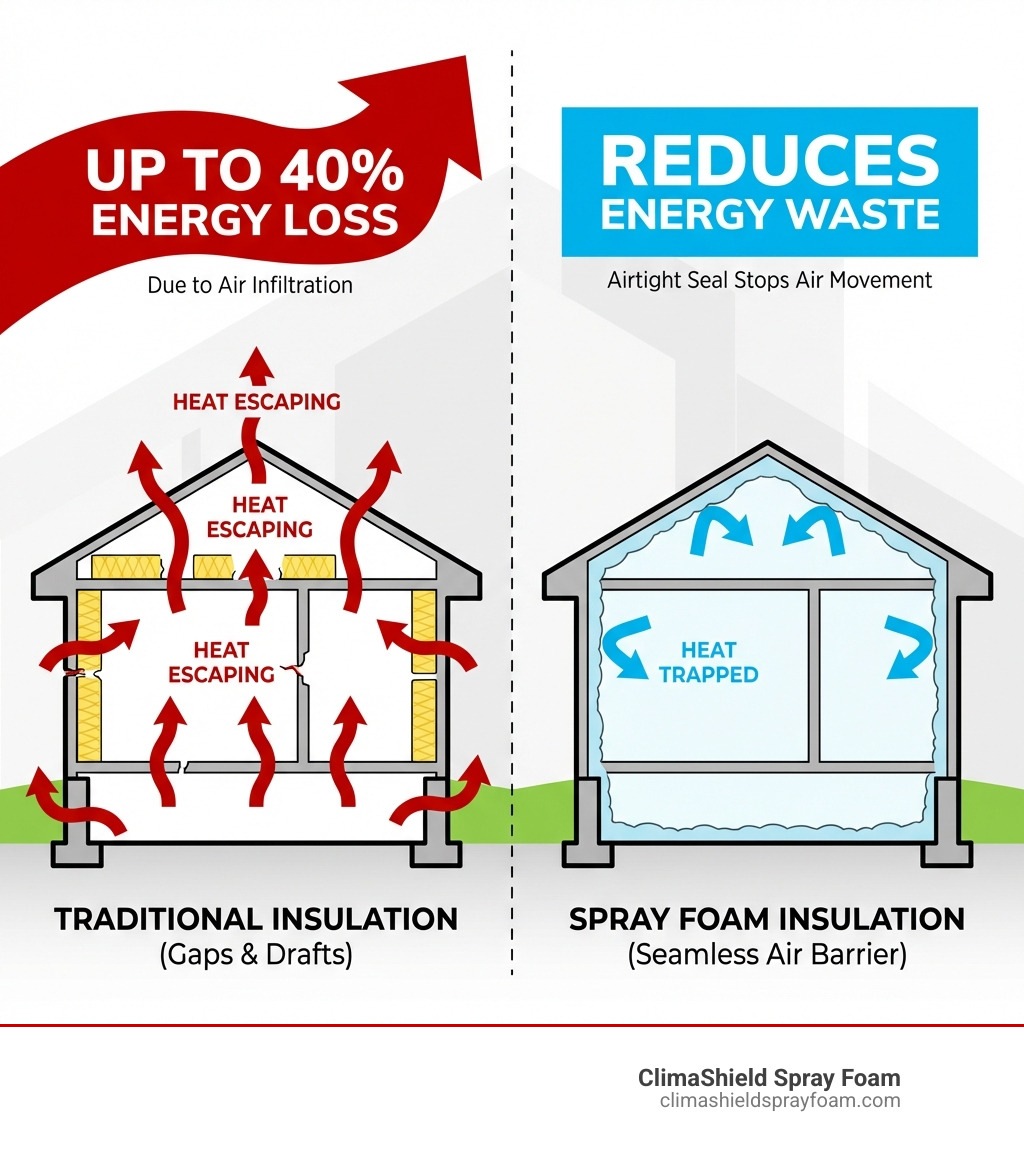 infographic showing how air infiltration through gaps in traditional insulation causes up to 40% energy loss in buildings, with arrows indicating heat escaping through walls, attics, and foundations, compared to spray foam's seamless air barrier that stops air movement and reduces energy waste - spray foam insulation Indiana PA infographic 