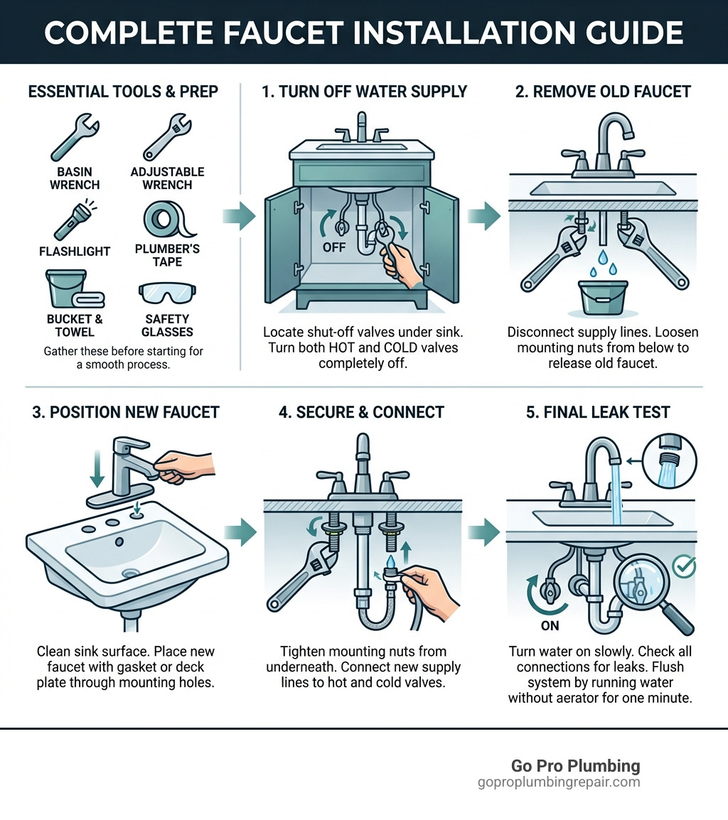 infographic showing the complete faucet installation process from turning off water supply through testing for leaks, including tool requirements, step-by-step illustrations of removing old faucet, positioning new faucet, connecting supply lines, and final leak testing - install sink faucet infographic 