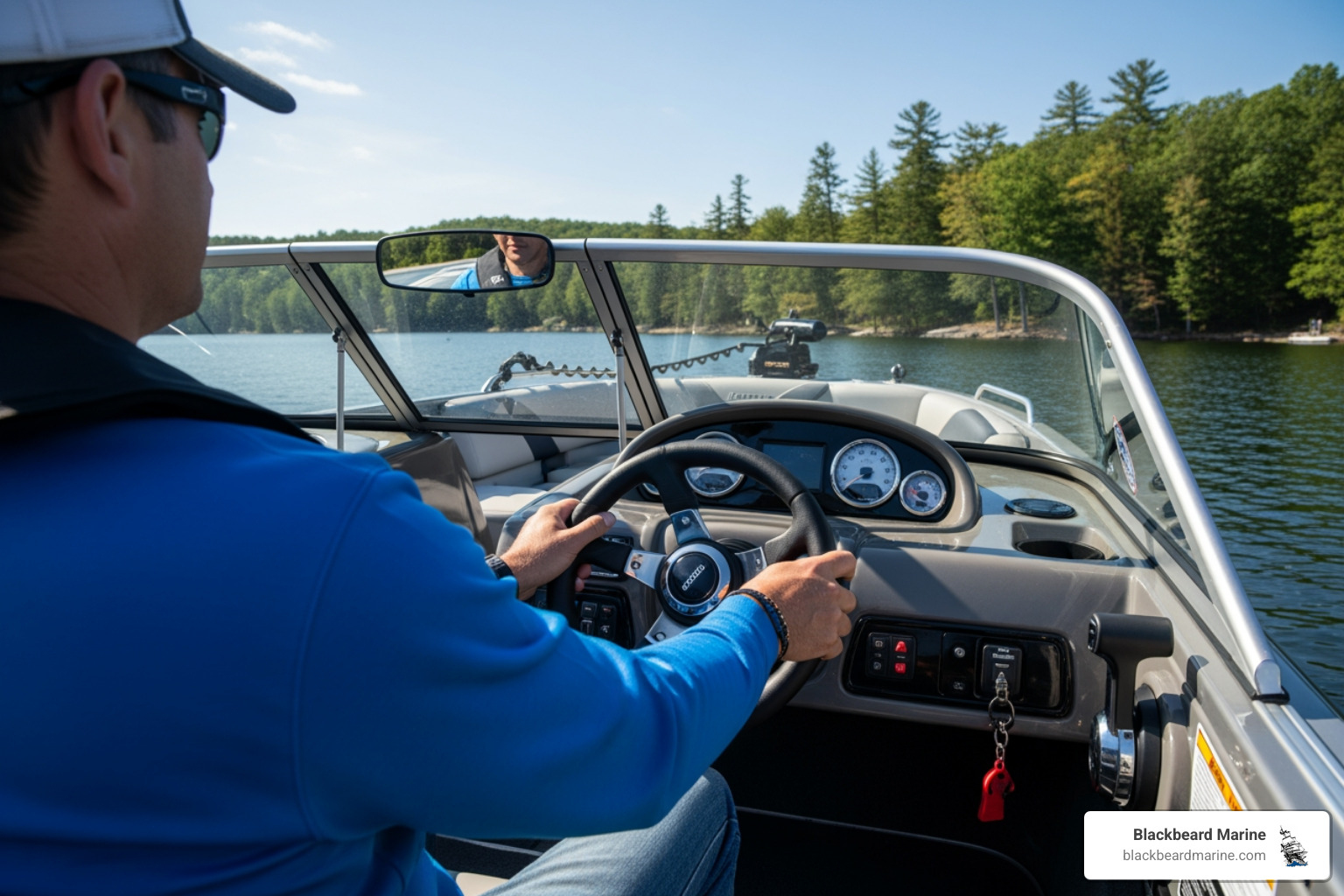 Driver at the helm of a Lowe sport boat - Wakeboard Boating