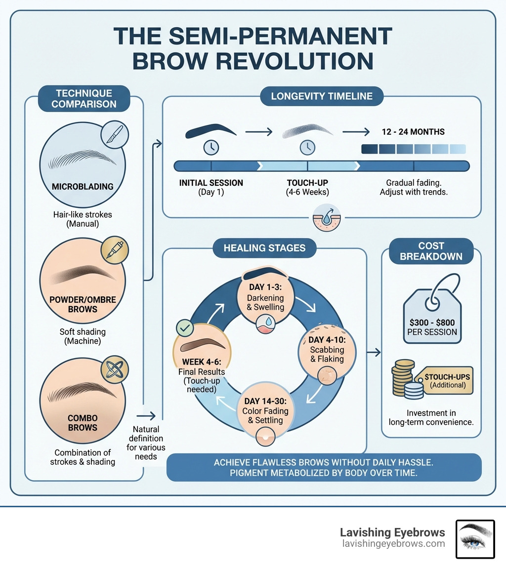 detailed infographic showing the semi-permanent brow revolution including technique comparison, longevity timeline, healing stages, and cost breakdown - Eyebrow semi permanent infographic 