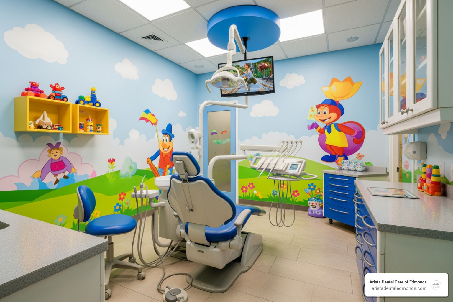 Pediatric dental office interior with colorful wall murals, child-friendly decor, dental chair, and treatment equipment, designed for a welcoming atmosphere for young patients at Arista Dental Care of Edmonds.