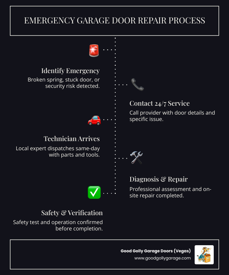 Infographic showing emergency garage door repair process: 1) Identify the emergency (broken spring, stuck door, security risk), 2) Contact 24/7 service provider with door details, 3) Technician arrives same-day with parts and tools, 4) Professional diagnosis and repair completed on-site, 5) Safety test and operation verification before completion - emergency garage door repair north las vegas nv infographic infographic-line-5-steps-dark Infographic showing emergency garage door repair process: 1) Identify the emergency (broken spring, stuck door, security risk), 2) Contact 24/7 service provider with door details, 3) Technician arrives same-day with parts and tools, 4) Professional diagnosis and repair completed on-site, 5) Safety test and operation verification before completion - emergency garage door repair north las vegas nv infographic infographic-line-5-steps-dark