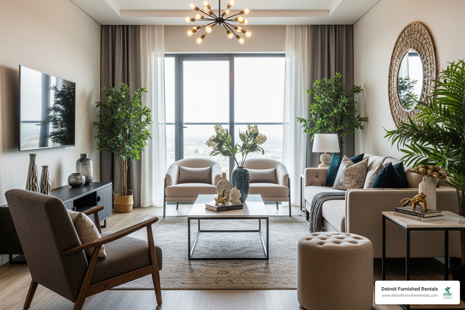A stylishly decorated living room in a furnished apartment, featuring modern furniture, a large window, and decorative plants. - furnished apartments for rent in detroit michigan