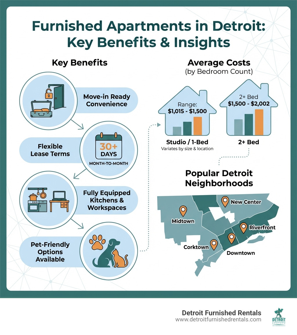 infographic showing key benefits of furnished apartments: move-in ready convenience, flexible lease terms starting at 30 days, fully equipped kitchens and workspaces, pet-friendly options available, average costs by bedroom count, and popular Detroit neighborhoods for furnished rentals - furnished apartments for rent in detroit michigan infographic 