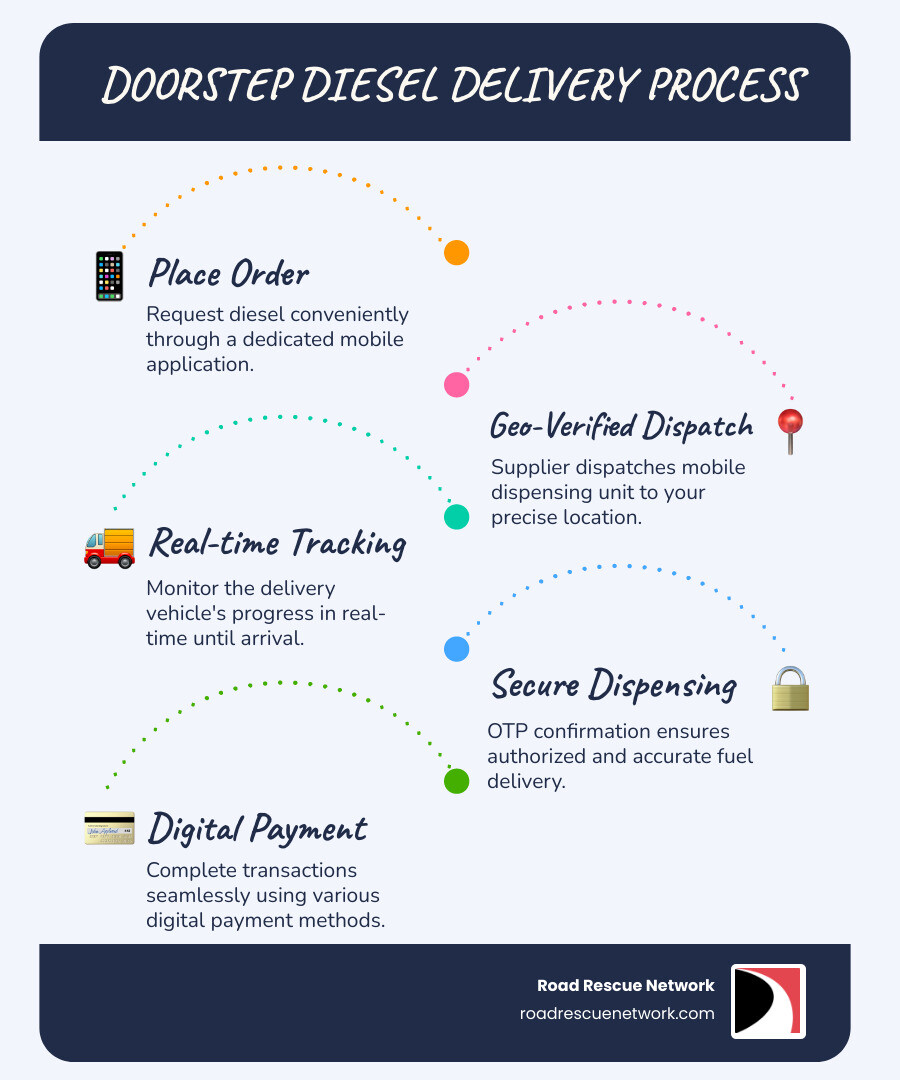 infographic showing diesel door delivery process from order placement through mobile app to geo-verified delivery with OTP confirmation and digital payment - diesel door delivery infographic infographic-line-5-steps-blues-accent_colors